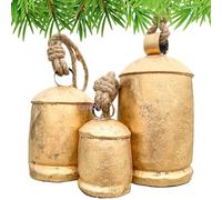 EXNOT Lot de 3 cloches d'harmonie vintage en métal à suspendre à une porte de ferme, décoration de Noël shabby chic, cloches pour couronne de Noël avec corde de jute