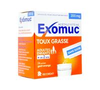 Exomuc 200mg Toux Grasse Sans Sucre goût Orange 24 Sachets
