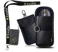 EXOSFER - Antivol Voiture : Pack 2 Etuis Anti RFID, Tissu Carbone (1 Small + 1 Medium) + 1 Tour de Cou | Protection Clé Mains Libres, Badge Télépéage | Pochette Anti Piratage Blocage RFID.