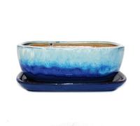 exotenherz Bol à bonsaï avec soucoupe taille 4 - bleu-beige - rectangulaire - modèle GB5 - L 26 cm - l 20 cm - H 9 cm