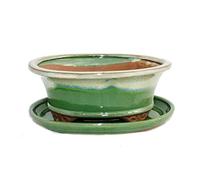Exotenherz - Bol à bonsaï avec soucoupe taille 8" - vert-beige - ovale - modèle O4 - L 21 cm - l 17 cm - H 6 cm