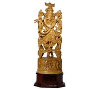 Exotic India Grande statue en bois du Seigneur Krishna 94 cm avec base d'épisode d'histoire de vie, sculpture hindoue pour Mandir