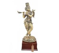Exotic India Statue en laiton superfine du Seigneur Krishna avec paon sur base en bois Dieu hindou Murti Murali Manohar Idol pour décoration d'intérieur