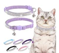 EXPAWLORER Collier réglable en velours doux sans danger pour chat - Strass - Cadeau de Noël avec clochettes pour garçon, chat, chaton et petits chiens (XS, violet)