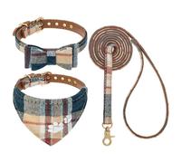 EXPAWLORER Ensemble Collier et Laisse pour Chien - Collier avec Cravate Papillon et Bandana à Carreaux Classique et Empreinte de Patte Brodée, Laisse sans Enchevêtrement, Colliers Ajustables pour