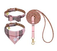 EXPAWLORER Ensemble Collier et Laisse pour Chien - Collier Bandana Classique à Carreaux avec nœud Papillon et Empreinte de Patte pour Chien avec Jolie Clochette, Laisse sans enchevêtrement, Colliers