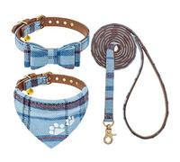 EXPAWLORER Ensemble Collier et Laisse pour Chien - Collier Bandana Classique à Carreaux avec nœud Papillon et Empreinte de Patte pour Chien avec Jolie Clochette, Laisse sans enchevêtrement, Colliers