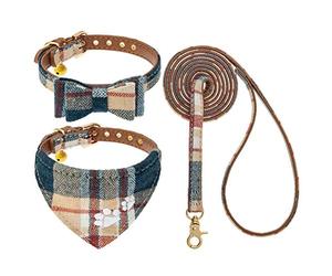 EXPAWLORER Ensemble Collier et Laisse pour Chien - Collier Bandana Classique à Carreaux avec nœud Papillon et Empreinte de Patte pour Chien avec Jolie Clochette, Laisse sans nœuds, Colliers réglables