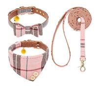 EXPAWLORER Ensemble Collier et Laisse pour Chien - Nœud Papillon Classique à Carreaux et Collier Bandana pour Chien avec Clochette, Laisse Anti-nœuds, Colliers réglables pour Chiens et Chats de
