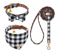 EXPAWLORER Ensemble collier et laisse pour chien - Nœud papillon classique à carreaux et collier bandana pour chien avec clochette, laisse anti-nœuds, colliers réglables pour chiens de petite et