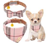 EXPAWLORER Ensemble de colliers réglables pour chiens et chats petits, moyens et grands, nœud papillon classique à carreaux et bandana en cuir synthétique, cadeau idéal pour les fêtes, rose taille XS