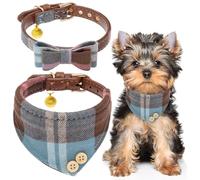 EXPAWLORER Ensemble de colliers réglables pour chiens et chats petits, moyens et grands, nœud papillon classique à carreaux et bandana en cuir synthétique, cadeau idéal pour les fêtes, bleu taille XS