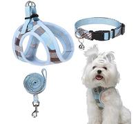 EXPAWLORER Harnais Classique à Carreaux pour Petit Chien, Collier et Laisse, rembourré et réglable, en Maille Douce, Anti-Traction, réfléchissant, Anti-Fuite, pour Promenade en Plein air, Bleu, XS