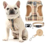 EXPAWLORER Harnais Classique à Carreaux pour Petit Chien, Collier et Laisse, rembourré et réglable, en Maille Douce, Anti-Traction, réfléchissant, Anti-Fuite, avec Support AirTag, Kaki, S