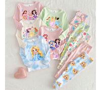 [Expédié au hasard 1 set] Pyjama pour jeunes filles, motif princesse toutes saisons, col ras-du-cou, coupe ajustée, Top à manches longues élastique et pantalon long imprimé intégral, ensemble de déten
