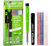 EXPERT DRY Crayon de charpentier avec 11 mines | Avec taille-crayon intégré | Marqueur à trous profonds rechargeable avec lot de mines Plus | Crayon d'artisan pour bois, verre ou métal | Crayon pour