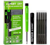EXPERT DRY - Marqueur tout-en-un avec 11 mines et taille-crayon intégré - Marqueur à trous profonds rechargeable avec kit graphite - Polyvalent sur bois, verre, métal - Crayon de charpentier avec mine