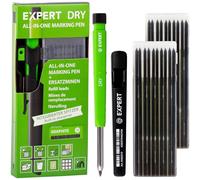 EXPERT Dry - Marqueur tout-en-un avec 2 jeux de mines graphite - Marqueur à trous profonds rechargeables avec kit graphite - Polyvalent sur bois, verre, métal - Crayon de charpentier avec mine