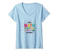 Expert en mathématiques pour Filles : autonomisation STEM colorée T-Shirt avec Col en V, Femme, Bleu Céleste, S