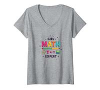 Expert en mathématiques pour Filles : autonomisation STEM colorée T-Shirt avec Col en V, Femme, Gris Chiné, XXL