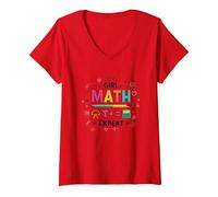Expert en mathématiques pour Filles : autonomisation STEM colorée T-Shirt avec Col en V, Femme, Rouge, XL