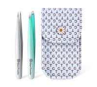 Expert Lot de pinces à épiler inclinées et pointues avec étui en cuir exclusif GlamTweeler pour épilation des sourcils, poils du visage et poils fins (vert menthe + argent)