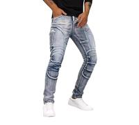 Expeum Jeans Pantalon Denim Street Tendance Stretch Tight Rétro Bleu Délavé Broyage Dégradé Froissure Décontracté Commuter Petit Pied Droite Jambe Droite pour Homme, bleu clair, S/M