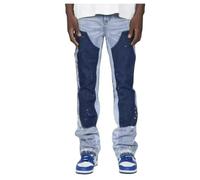 Expeum Jeans Pantalon Denim Tendance Street Épissure Élastique Graffiti Peinture Spray Pois Empilés Évasé Décontracté Banlieue Jambe Droite pour Homme, bleu clair, L/XL