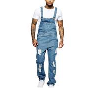 Expeum Jeans Pantalon Pantalon Denim Salopette Combinaison Tendance Street Bleu Déchiré Trou Délavé Coupe Slim Fit Bandoulière Décontractée Jambe Droite Pour Hommes, bleu clair, 3XL-4XL