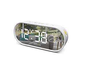 Explore Scientific RDC2002W Horloge avec Affichage Miroir, Heure et température intérieure, prévisions du Temps à icônes, Double Alarme, 3 Niveaux de luminosité, contrôle Soft Touch, Port USB, Blanc
