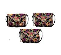 EXPORT STORE Pochette Jaipuri Rajasthani faite à la main avec broderie miroir pour femmes et filles - 22 x 16 cm, Noir, Pack of 3