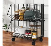 Exposition de Vente au détail, Panier de Rangement empilable à roulettes à 2/3/4/5 Niveaux avec roulettes, Noir et Blanc, façade biseautée(2 Tier)