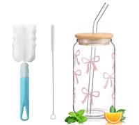 Exquilnova Bubble Tea Verre avec paille et couvercle - Verre à thé glacé - 400 ml - Verre à matcha avec design nœud - Pour café glacé, cocktail (nœud rose)