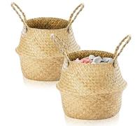 Exquilnova Lot de 2 petits paniers de rangement pliables en jonc de mer pour étagères, boîte de rangement en rotin avec poignée, pot de fleurs en osier pour salon, chambre à coucher, salle de bain