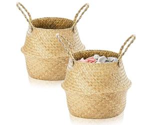 Exquilnova Lot de 2 petits paniers de rangement pliables en jonc de mer pour étagères, boîte de rangement en rotin avec poignée, pot de fleurs en osier pour salon, chambre à coucher, salle de bain