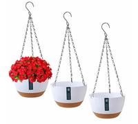 Exquilnova Lot de 3 pots de fleurs suspendus avec trous de drainage et soucoupes, support de plantes à suspendre pour extérieur et intérieur, panier suspendu pour plantes et fleurs (blanc)