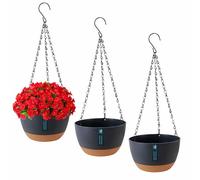 Exquilnova Lot de 3 pots de fleurs suspendus avec trous de drainage et soucoupes, support de plantes à suspendre pour intérieur et extérieur, panier suspendu pour plantes et fleurs (gris foncé)