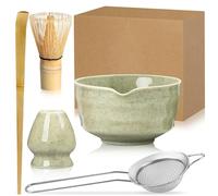 Exquilnova Lot de 5 bols à matcha en céramique avec bec verseur, balai à matcha en bambou, pelle, passoire, matcha sans poudre, kit de démarrage pour matcha cérémonial (vert matcha)