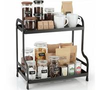 Exquilnova Organiseur de station à café à 2 niveaux pour comptoir, station de chocolat chaud en acier au carbone, bar à café pour cuisine, maison, bureau, cuisine, rangement et organisation pour le