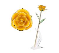 Exquis 24 Km Rose en Or - Tige Longue Artisanale avec Une Vraie Rose Jaune Plaquée en Or - Unique avec Stand Exposant Clair