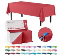 Exquisite Party Solids 54 inch X 100 Feet Red Plastic Table Cover Roll in A Cut - to - Size Box with Convenient Slide Cutter. Cuts Up to 12 Rectangle 8 Feet Plastic Disposable Tablecloths