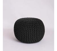 EXQUIZIT HOME Pouf rond en tricot - Grand pouf 100 % coton tricoté à la main avec rembourrage en perles de polystyrène - Repose-pieds doux et confortable et assise occasionnelle, 50 cm (noir)