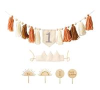 EXQULEG Kit de décoration d'anniversaire pour bébé - 1er anniversaire garçon fille - 1er décoration d'anniversaire d'enfant avec chapeau de couronne, décoration de gâteau et bannière (beige)