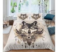 EXSANLIEAY Housse de Couette 90x190 Loup Gris Parure de Lit 90x190 Attrape-RêVes Linge de Lit Doux Respirant Microfibre avec Fermeture À Glissière et 2 Taie d'oreiller 65x65 cm