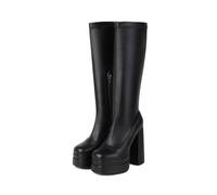 ENWIND Extensibles Tige Longue Botte À Talons Hauts pour Femme Bout Carré À Plateforme Bottes Hautes Au Genou avec Fermeture Éclair,Black PU Leather,39 EU