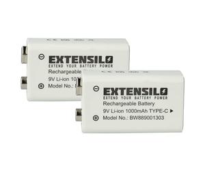 EXTENSILO 2X Piles Bloc Batterie 9V pour Divers appareils (1Ah, 9V, Li-ION) | prête à l'emploi, avec USB-C