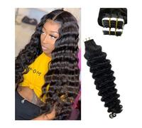 Extension Adhesive Cheveux 20Pcs Bande Bouclée de Cheveux Humains dans les Extensions, 16-26 Pouce Vague Profonde Noir Naturel Réel Remy Bande de Cheveux Humains dans les Extensions for les Femmes Noi