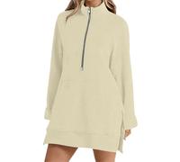 Extension de Chemise Femme Grandes Tailles Sweat-shirt Femme Demi Fermeture Éclair et Fente Latérale Longue Décontractée Automne Hiver Pull Haut Coupe Ample Sweatshirt Femme Adolescent, beige, M
