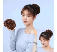 Extension de cheveux chignon désordonnés 100 % cheveux humains avec cordon de serrage (ondulé, brun noir)