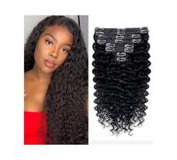 Extension de cheveux pour cheveux avec clips, ondulés et profonds, humains Remy brésiliens, épais jusqu'aux pointes, noir naturel (18inches)